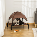 Dog sitting in a brown pet canopy bed in a room with wooden flooring and white walls.