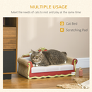Cat lying on a multi-purpose pet bed with scratching pad feature in a home setting.